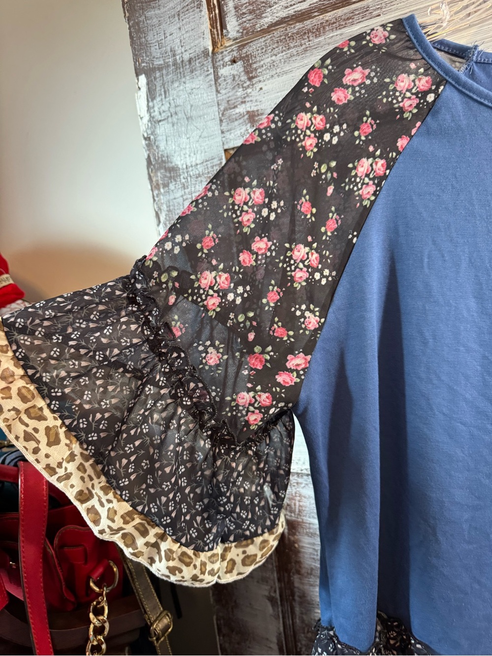 Blue Mixed-Print Ruffle Sleeve Women's Top - Picture 3 of 5